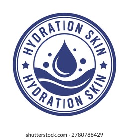 A circular hydration skin label features a blue water droplet and wave design on a
