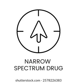 A circular icon with an arrow pointing upward within a crosshair, symbolizing upward precision in narrow spectrum drugs, in vector style, with an editable stroke.