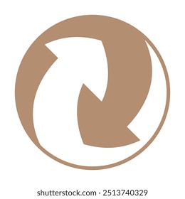 Circular icon with a brownish color featuring a stylized arrow curving counterclockwise, symbolizing rotation or movement. Commonly used on packaging to indicate recyclability or reusability