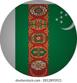 A circular icon displaying the national flag of Turkmenistan, featuring a green field with a red vertical stripe containing five carpet guls and a white crescent moon with five stars. This graphic is suitable for websites, educational materials, prese...