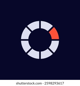Circular icon displaying progress through segments. one section is highlighted in red to show completion.