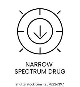 A circular icon with a downward arrow inside a radiating crosshair, representing focused treatment in narrow spectrum drugs, in vector style, with an editable stroke.