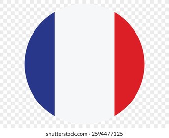 Circular icon featuring the France flag, isolated on transparent PNG background. Perfect for designs and digital projects. This high-quality, iconic blue, white, and red tricolor symbolizing liberty. 
