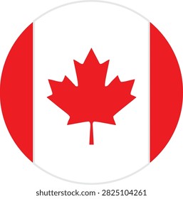 A circular icon featuring the national flag of Canada with a red maple leaf on a white background. This graphic is ideal for web design, applications, and patriotic promotional materials.