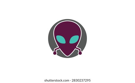 Circular icon featuring a purple alien head with bright turquoise eyes and small antennas on a dark grey background.