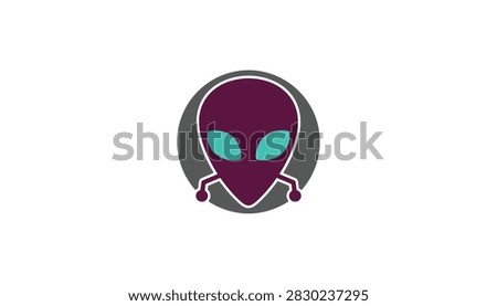 Circular icon featuring a purple alien head with bright turquoise eyes and small antennas on a dark grey background.