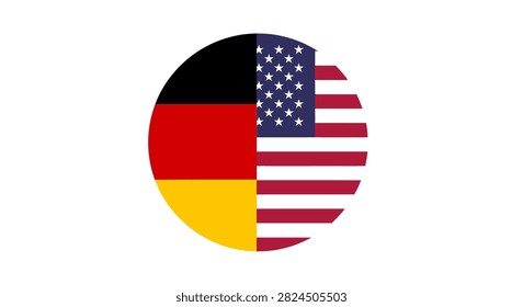 A circular icon graphic showing a vertical split between the flag of Germany and the flag of the United States of America