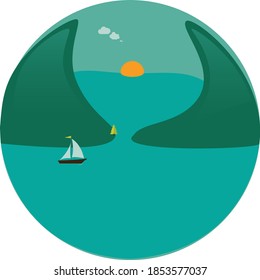 Circular icon with Lake, Island, Boat and Sunset.