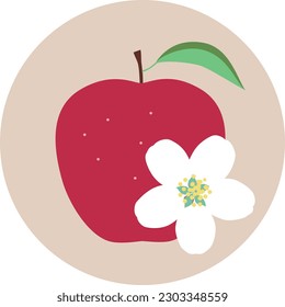 Circular icon with red apple and white apple blossom on gray background