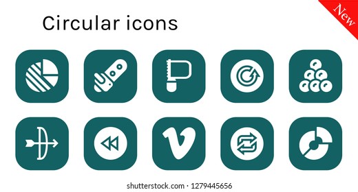  circular icon set. 10 filled circular icons. Simple modern icons about  - Pie chart, Chainsaw, Saw, Refresh, Round shot, Arc, Rewind, Vimeo, Loop