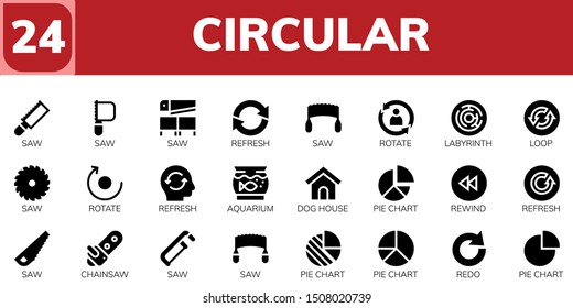circular icon set. 24 filled circular icons.  Collection Of - Saw, Refresh, Rotate, Labyrinth, Loop, Aquarium, Dog house, Pie chart, Rewind, Chainsaw, Redo icons