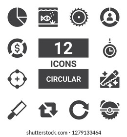 circular icon set. Collection of 12 filled circular icons included Saw, Refresh, Retweet, Circle, Hypnosis, Aquarium, Pie chart