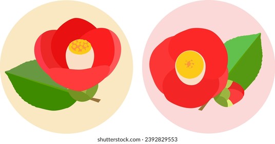 circular icon set of red camellia flower