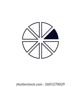 Circular icon with six equal segments, one segment is dark, creating a balanced geometric look.