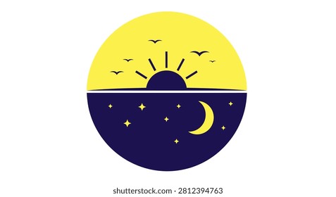 A circular icon split horizontally showing a bright yellow sun with birds on top and a dark blue night sky with a crescent moon and stars on the bottom.