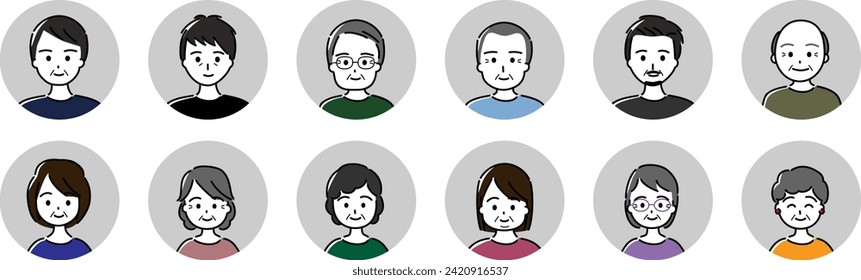 Circular icon variation set for middle-aged and elderly men and women (no line in frame, gray)