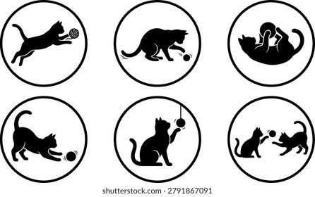 Circular icons with cat silhouettes playing with balls and yarn, showing various playful feline behaviors.