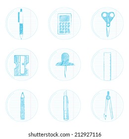 Circular icons in form of notebook with calculator, scissors, pen, drafting compass, pin, pencil sharpener, pencil, ruler, stylus. Icons of stationery