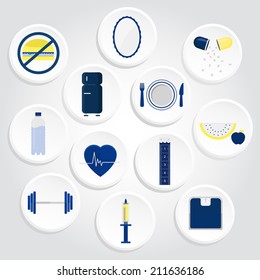 Circular icons with gradient representing equipment, food and habits related to health. Circular icons of health with gradient