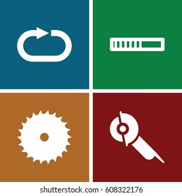 Circular icons set. set of 4 circular filled icons such as blade saw, electric saw, reload replay
