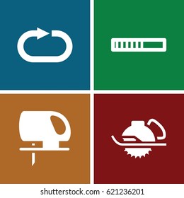Circular icons set. set of 4 circular filled icons such as electric saw, reload replay
