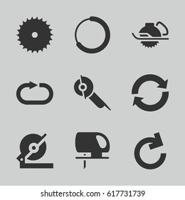 Circular icons set. set of 9 circular filled icons such as blade saw, circular saw, electric saw, reload replay, reload