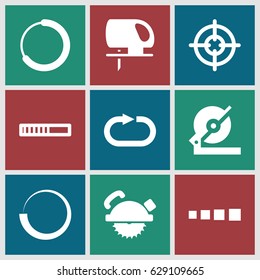 Circular icons set. set of 9 circular filled icons such as circular saw, saw blade, electric saw, reload replay, sniper target
