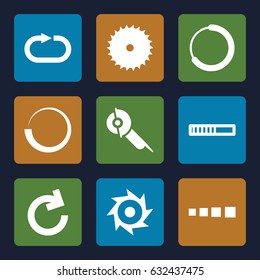 Circular icons set. set of 9 circular filled icons such as blade saw, electric saw, reload replay, saw, reload