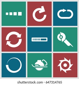 Circular icons set. set of 9 circular filled icons such as electric saw, reload replay, saw, reload