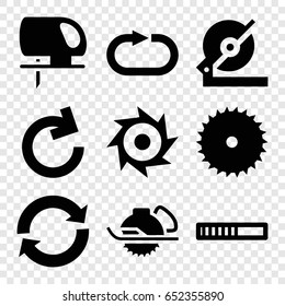 Circular icons set. set of 9 circular filled icons such as blade saw, circular saw, reload replay, reload