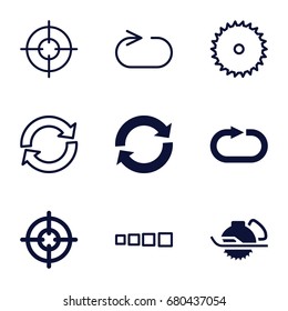 Circular icons set. set of 9 circular filled and outline icons such as electric saw, reload replay, sniper target, reload, blade saw