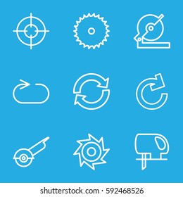 circular icons set. Set of 9 circular outline icons such as blade saw, circular saw, reload replay, sniper target