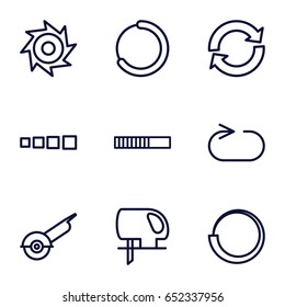 Circular icons set. set of 9 circular outline icons such as electric saw, reload replay, saw, loading