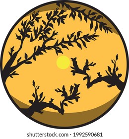circular illustration depicting deciduous trees