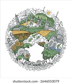 Uma ilustração circular retrata um mundo sustentável com turbinas eólicas, girassóis, edifícios e colinas rolantes, todos incluídos por uma faixa com os dizeres "Sustai...