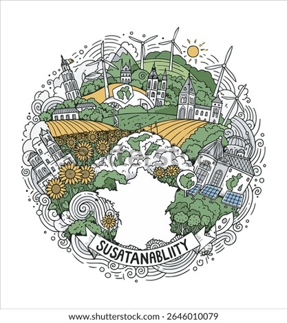 A circular illustration depicts a sustainable world with wind turbines, sunflowers, buildings, and rolling hills, all encompassed by a banner reading 