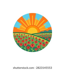 A circular illustration depicts a vast field of red poppies in full bloom, stretching towards rolling green hills under a bright, stylized sunrise.
