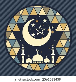 A circular illustration featuring a crescent moon and star over a mosque with geometric patterns in the background