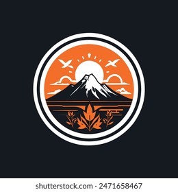 A circular illustration featuring a stylized mountain with snow-capped peaks in the center against an orange background. The sun rises behind the mountain, casting rays outward, flanked by two flying 