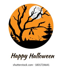 Circular illustration for halloween, sticker on a white background. Scary landscape with black trees and bats.