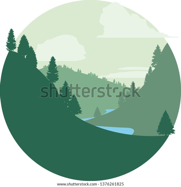 遠くに薄れゆく丘の円いイラスト 川 円から空に浮かぶ雲 円から出てくる木々 のベクター画像素材 ロイヤリティフリー