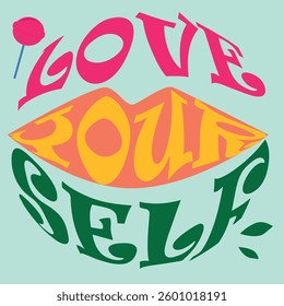 Circular illustration love yourself. Picture postcard with inscription and lips. Motivational sticker cover for postcard
