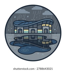 Circular illustration of modern stadium in the rain.