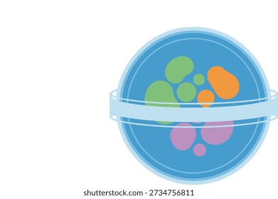 A circular illustration of a petri dish containing colorful blob-like shapes representing microbes, with a light blue swirling band around it.