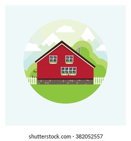 Circular illustration of a red house in the mountains. The holiday house also has mountains, plants and fence.