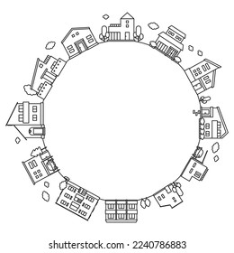 It is a circular illustration set (line) of the cityscape of the building icon.