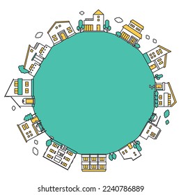 Es un conjunto de ilustraciones circulares (color sencillo) del paisaje urbano del icono de construcción.