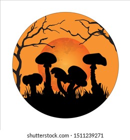 Circular illustration with a silhouette of gibs at sunset. Vector icon, logo. Illustration for halloween on a white background.