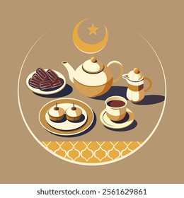 A circular illustration of tea, dates, and desserts on a golden background, with a crescent moon and Islamic patterns above Perfect for promoting iftar gatherings, Ramadan recipes