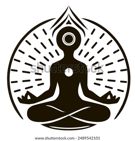 A circular illustration of yoga with graphic elements. Concept of concentration, tranquility and harmony. Yogi in lotus pose. Black and white
